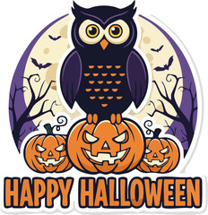 Obraz premium Halloween owl perched on pumpkins with spooky moon background