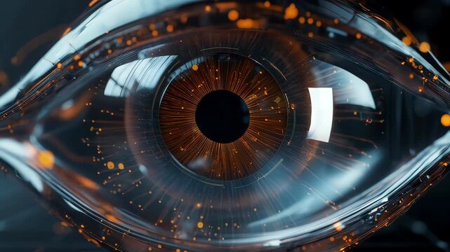 A highly reflective eye surface showing a luminous urban grid reflects an imaginative fusion of perception with structured environmental patterns