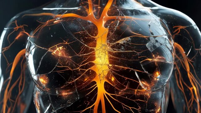 A cracked glasslike chest revealing glowing branching pathways presents a dramatic interpretation of structural tension and vibrant internal energy