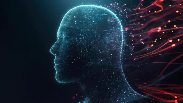 A profile of a particlebased head emitting vibrant tendrils expresses motion and evolving formation within a softly illuminated abstract environment