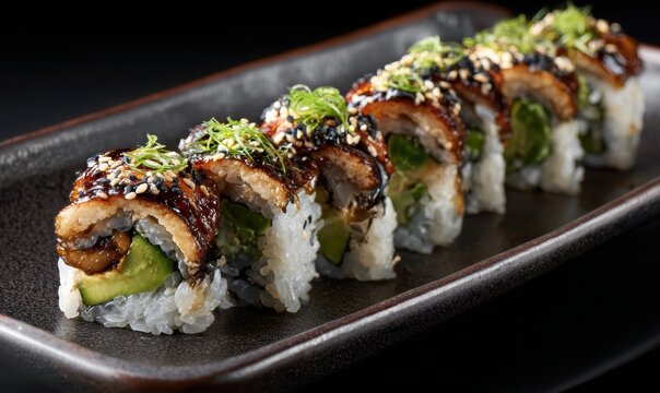 A plate of sushi with a variety of ingredients including avocado, seaweed