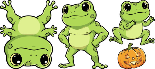 Fototapeta premium Cute cartoon frogs and a Halloween pumpkin illustration