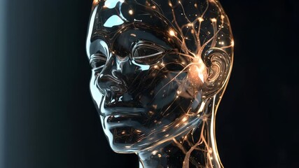 A glasslike head containing glowing neural filaments expresses an intricate visualization of internal communication patterns within a softly illuminated conceptual form