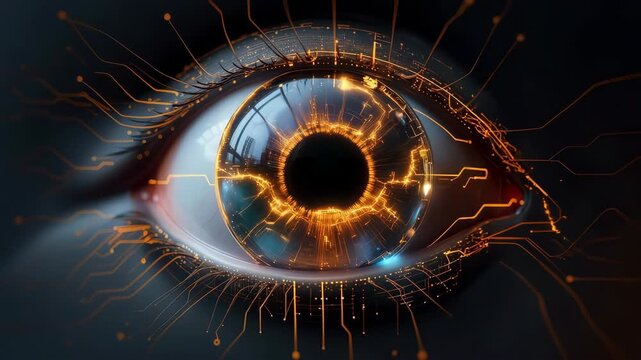 An extreme closeup of a reflective eye with radiant circuitry highlights a fusion of organic detail and luminous technological patterning in a vivid futuristic style