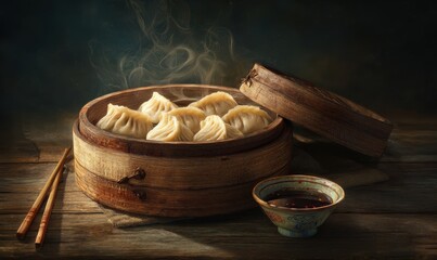 A bowl of dumplings with a sauce and chopsticks on a wooden table