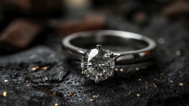 A close-up of a silver-colored solitaire ring with a round brilliant-cut diamond resting on a dark rough-textured surface speckled with gold flecks - Powered by Adobe