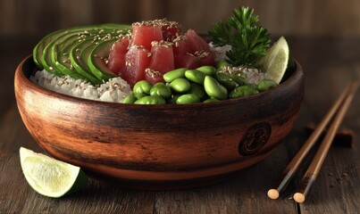 A bowl of food with a lot of green vegetables and a lime