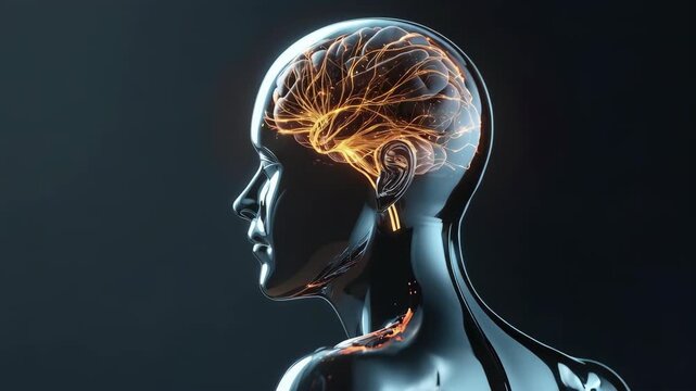 A glossy head showing warm luminous neural pathways presents a refined conceptual representation of cognition expressed through branching internal structures