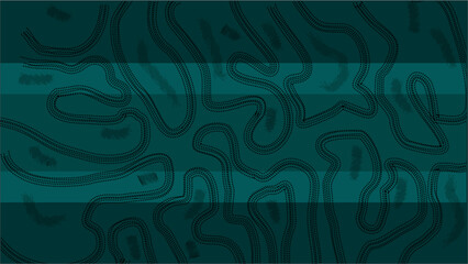 Dark Teal Emerald Vector Background with Abstract Tire Track Pattern: Featuring Intricate, Meandering Dotted Lines Simulating Race Tracks or a Maze, Overlaid with Translucent Dark Bands for Text Space