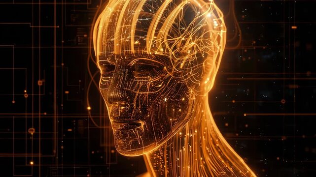 A luminous cranial profile featuring complex neuron patterns and flowing bioelectric currents shaping an abstract head form