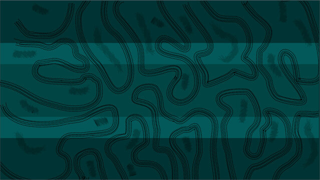 Dark Teal Emerald Vector Background with Abstract Tire Track Pattern: Featuring Intricate, Meandering Dotted Lines Simulating Race Tracks or a Maze, Overlaid with Translucent Dark Bands for Text Space