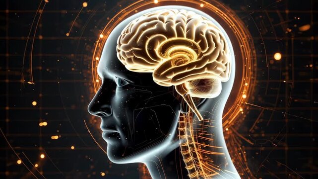 A detailed cranial side view showing layered brain structures with radiant pathways and refined neurocircuitry across the head