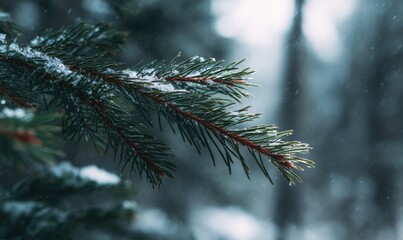 A snow covered pine tree branch with snow on it