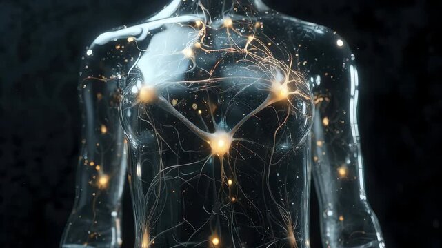 A transparent torso displaying glowing neural nodes distributed across the chest forming an intricate electrified internal web
