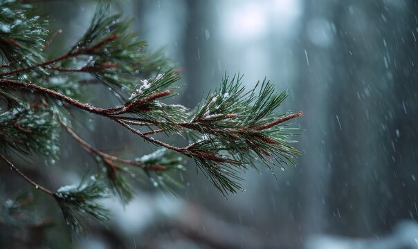 A branch of a tree is covered in snow and rain