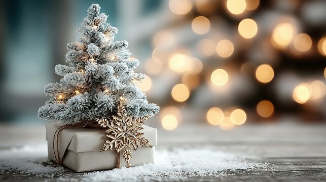 Miniature christmas tree on gift box with blurred lights background festive holiday.