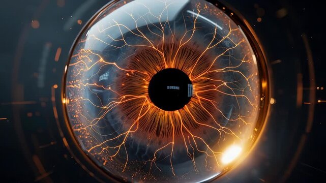 A glasslike eye shape containing radiant circuitry and branching filaments presents a dynamic interpretation of perception and sensory information flow