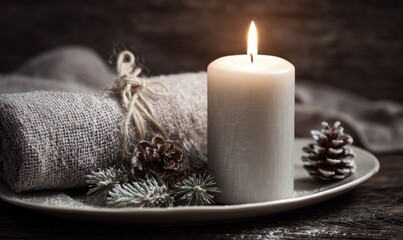 A candle is lit on a white plate with pine cones and a towel