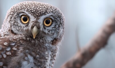Obraz premium A small owl is staring at the camera with its eyes wide open