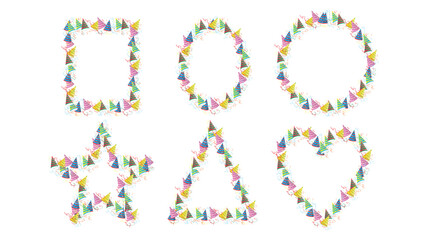 Set of Six Fun Vector Frames/Borders: Festive Collection of Rectangular, Oval, Circle, Star, Triangle, and Heart Shapes Outlined with Colorful Party Hats and Scattered Confetti, Ideal for Invitations,