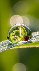 Close-up of a dewdrop reflecting greenery and a ladybug on a leaf with sunlight creating bokeh in the background