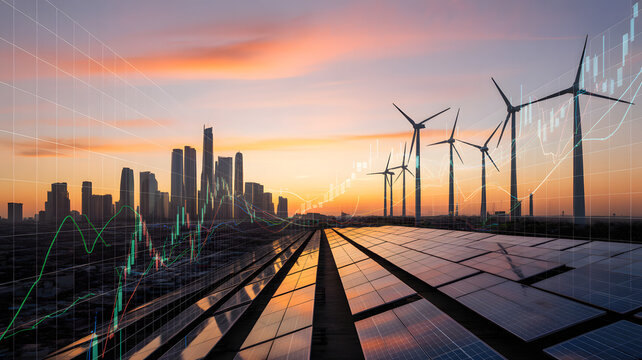 City skyline with wind turbines and solar panels at sunset, financial stock market graph superimposed, symbolizing green economy