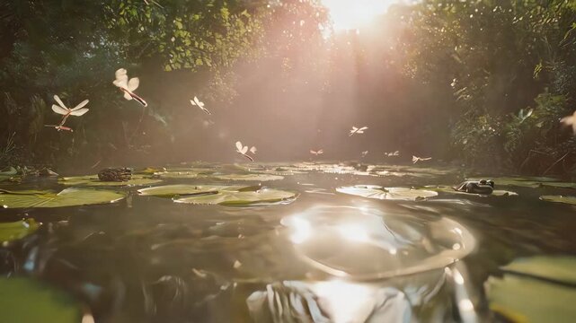 Sunlight bathes a pond with lily pads, frogs, and many dragonflies