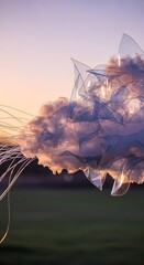 A creative abstract sculpture made of transparent materials illuminated by sunset light, set against a scenic outdoor background with a colorful sky and clouds
