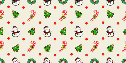 Christmas seamless pattern with snowmen and green fir trees. Christmas seamless fabric pattern, wrapping paper pattern, banner.
