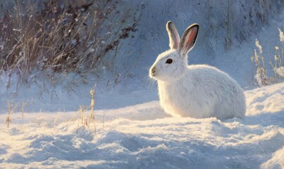 A white rabbit is sitting in the snow