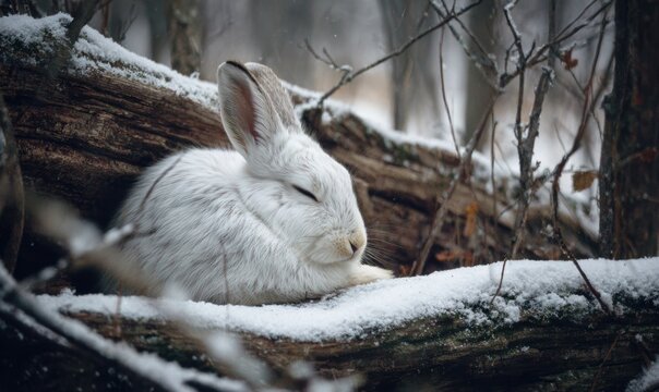 A white rabbit is sleeping on a log in the snow - Powered by Adobe