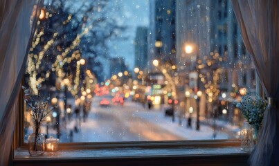 A window view of a city street with snow falling and lights on