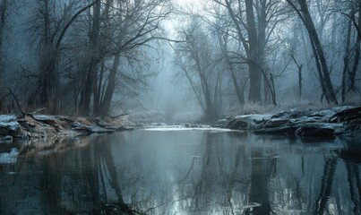 A forest with a river running through it