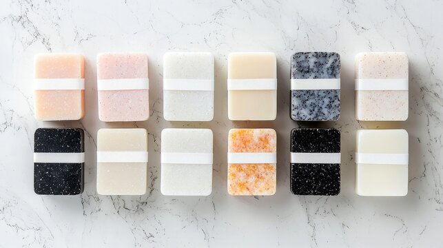 A collection of ten rectangular bars of soap, each with a white band, displayed in two rows on a white marble background.