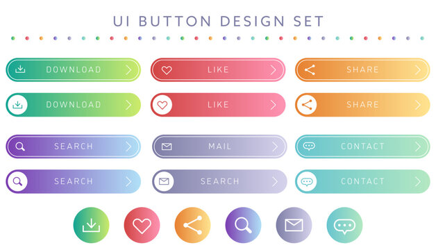 カラフルなUIボタンデザインセット｜Colorful Gradient Web UI Button Vector（Download・Like・Share・Search・Mail・Contact）