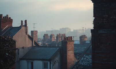 A city skyline with many brick buildings and a few chimneys