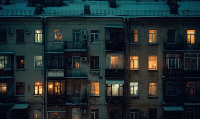 A row of apartment buildings with windows lit up at night