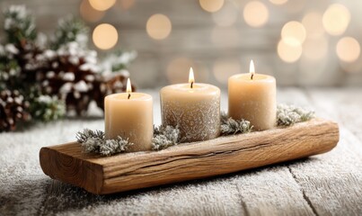 Three candles are lit on a wooden tray