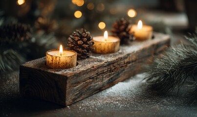 A wooden box with candles in it, with pine cones on top