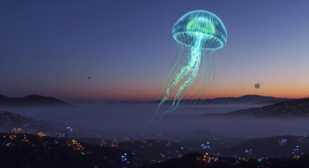 Vibrant Glowing Jellyfish Drifting Over Alien Landscape with Bioluminescent Flowers at Dusk

