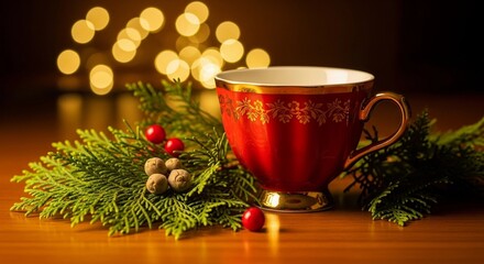 Fototapeta premium A red-gold teacup beside a green cedar sprig glowing softly in warm Christmas light