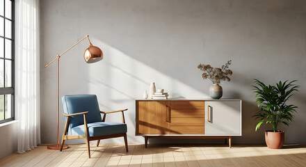 Interior of a modern living room with blue armchair, wooden cabinet and gray wall color
