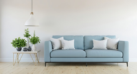 Bright and airy living room interior with a comfortable blue sofa and plants near wall