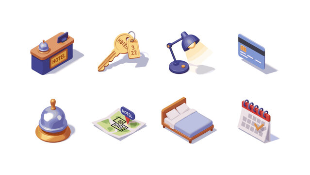 Isometric icons of hotel and hospitality items for modern travel design