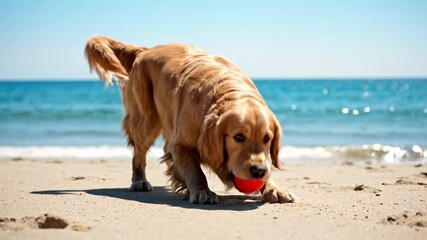 Golden retriever fetching a red ball on sunny beach during idyllic vacation, happy dog running on - Powered by Adobe
