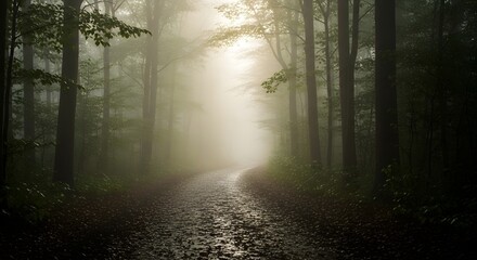 Obraz premium A serene forest pathway illuminated by soft sunlight filtering through tall trees on a misty morning, creating a peaceful and calming natural scene