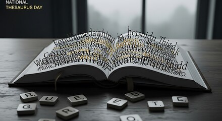 Open thesaurus with scattered letter tiles