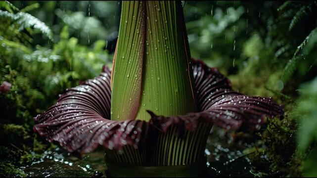 Titan Arum Blooming in Lush Rainforest Environment.