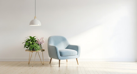 Cozy living room interior with blue armchair and plant near white wall with sunlight