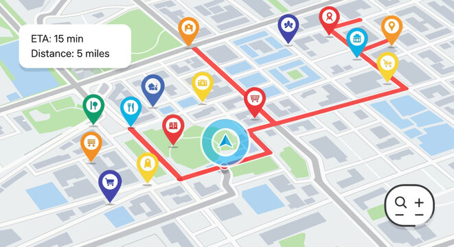 Navigation app showing route on map with pins and estimated time arrival